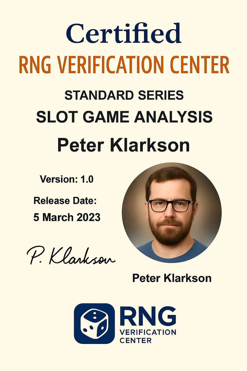 Peter Klarkson certificate 1 — online casino and game analysis credentials
