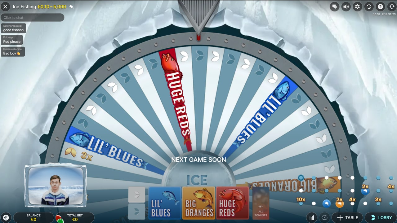 Ice Fishing Evolution live game show hero: arctic studio, host, and 53-segment money wheel frame