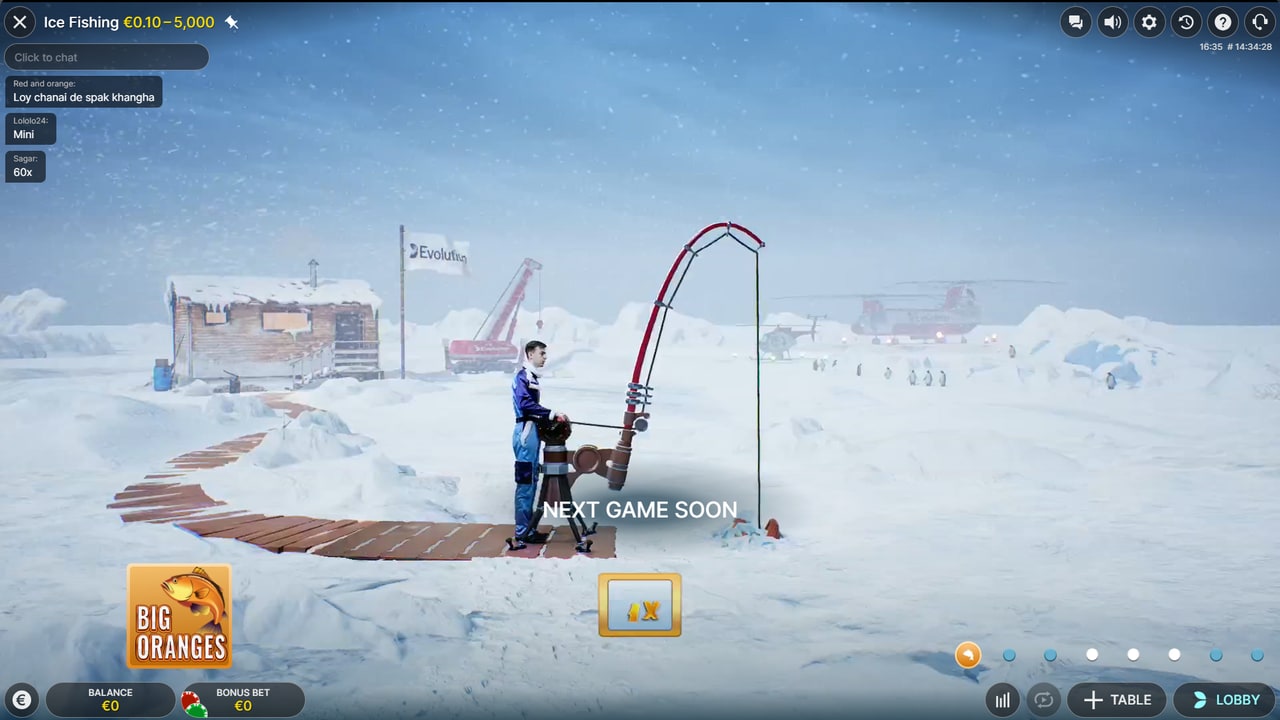 Ice Fishing 53-segment RNG money wheel with Leaf and bonus fish segments visible on the live UI