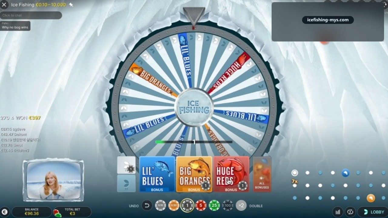 Ice Fishing Leaf cash layer on the live arctic wheel beside fish bonus colours