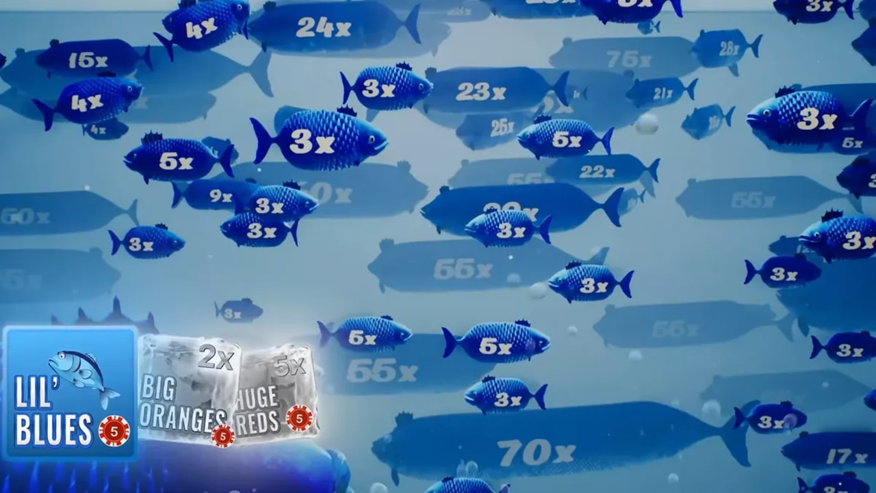 Ice Fishing bonus round: host reeling fish multipliers for Lil Blues Big Oranges or Huge Reds