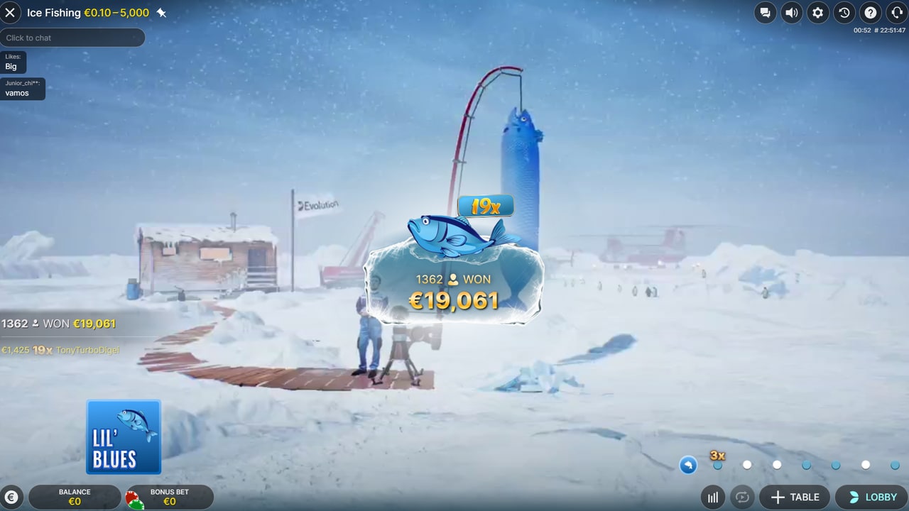 Ice Fishing win display near max win path with multiplier boosts toward 5000x marketed ceiling