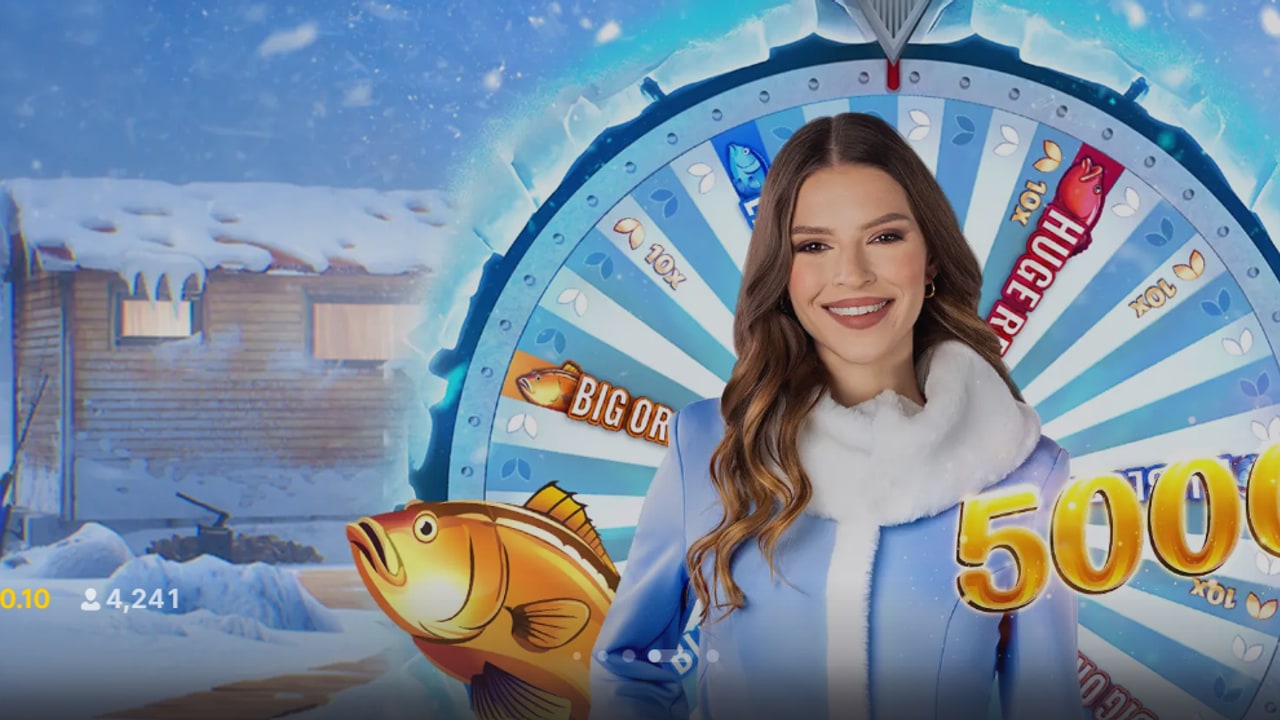Ice Fishing promotional key art: host, wheel graphic and 5000x marketing treatment