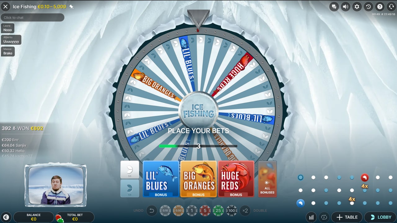 Ice Fishing observe session: live host and wheel visible while learning bet layout without rushing stakes